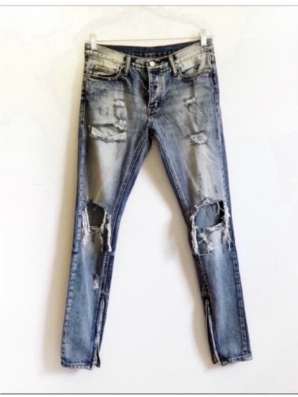 MNML mens jeans blue destroyed denim ripped button fly ankle zip